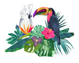 Fototapeta Zwierzęta - Summer frame with tropical jungle leaves, hibiscus, orchids and parrot. Vector jungle illustration.
