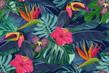 Fototapeta Zwierzęta - Summer seamless pattern with tropical palm leaves, flowers and toucan. Jungle fashion print. Hawaiian background. Vector illustration