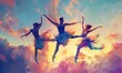 Illustrate a dynamic ballet performance with ballerinas leaping and twirling in mid-air against a dramatic sky, using traditional medium like watercolor to symbolize fluid motion