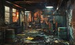 Illustrate a grunge style scene with a tilted angle view of a rundown warehouse interior, showcasing rusted machinery, old barrels, and dimly lit corners Utilize traditional art medium to convey a sen