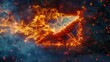 Fiery enveloped email icon in dynamic motion - An email icon is engulfed in flames and embers, depicting an urgent or explosive message in a digital context