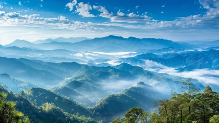 Sticker - Breathtaking mountain panorama with clouds - An awe-inspiring panoramic view of cloud-covered mountain peaks bathed in sunlight highlights the beauty of nature