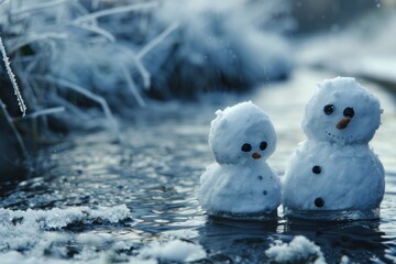 two snowmen melting in water as a potent symbol of global warming effects