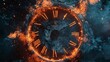 Burning clock face in a fiery and icy environment - The image depicts a clock face being consumed by fire and surrounded by ice, symbolizing a struggle between time and elements