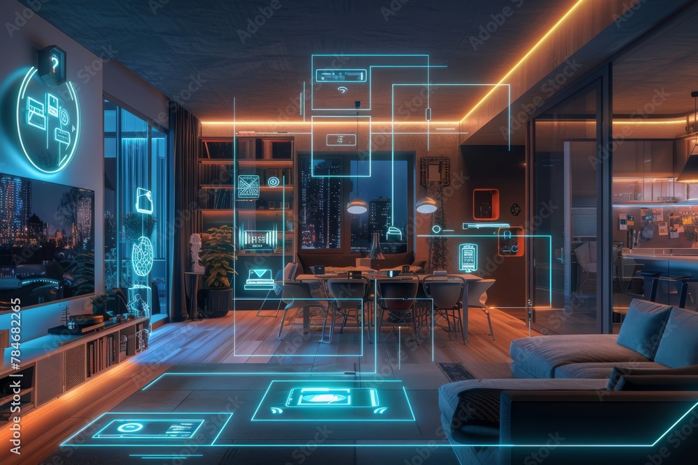 A holographic visualization of an entire smart home, with various ...