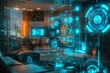 © cff999 - A holographic visualization of an entire smart home, with various devices connected to the network and glowing digital symbols representing different living spaces within it