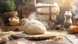 Rustic bread dough preparation scene - Warm, rustic scene of fresh bread dough being prepared with flour dusting in a home kitchen with a vintage ambiance
