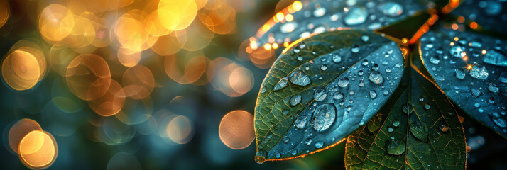 Wall Mural - Dew-Kissed Leaves with Glistening Bokeh Background in Nature