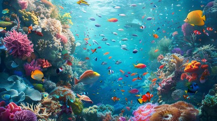 Wall Mural - Explore the vibrant underwater world of a tropical sea, where colorful fish dance amidst vibrant coral reefs. Dive or snorkel to witness the enchanting marine panorama, teeming with life and beauty.