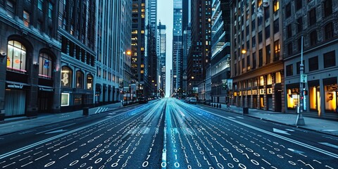 A city filled with tall skyscrapers and roads made of digital binary data