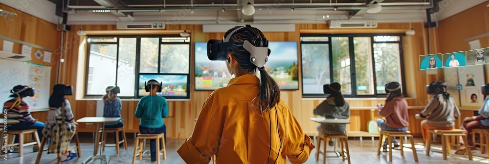 Young kid student using augmented and virtual reality in the classroom ...