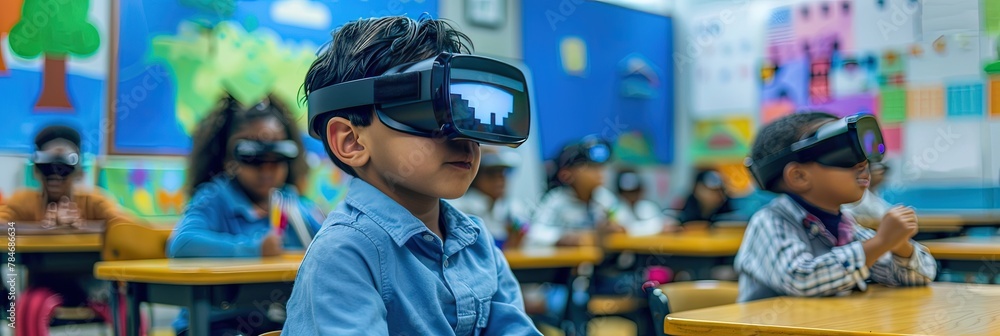 Young kid student using augmented and virtual reality in the classroom ...