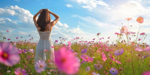 photo of Beautiful woman in summer dress enjoying life in beautiful flower field 