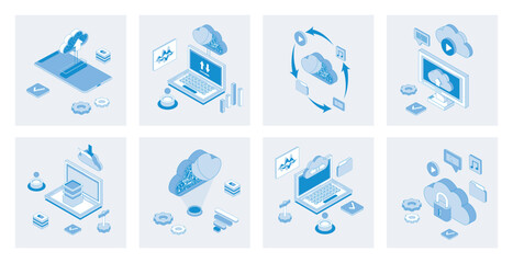 Fototapete - Cloud storage 3d isometric concept set with isometric icons design for web. Collection of uploading and downloading data, online backup system, cyberspace processing and computing. Vector illustration
