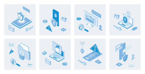 Fototapete - Cyber security 3d isometric concept set with isometric icons design for web. Collection of fingerprint scan verification, password lock access, hacker attack guarding software. Vector illustration