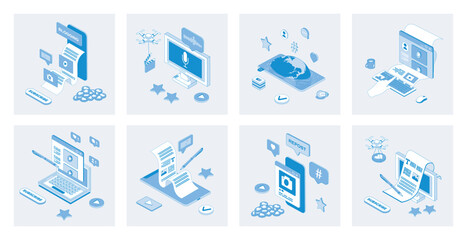 Leinwandbilder - Blogging 3d isometric concept set with isometry icons design for web. Collection of creating content in online blogs, posting video or photo, followers comment and like, subscribe. Vector illustration