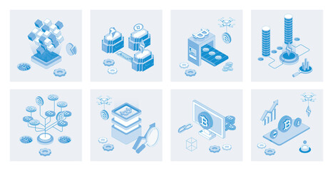Fototapete - Cryptocurrency 3d isometric concept set with isometric icons design for web. Collection of blockchain technology, trading and mining coins, bitcoins investments, financial growth. Vector illustration