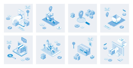 Leinwandbilder - Delivery service 3d isometric concept set with isometric icons design for web. Collection of courier delivering, fast shipping, online tracking location, parcel transportation. Vector illustration