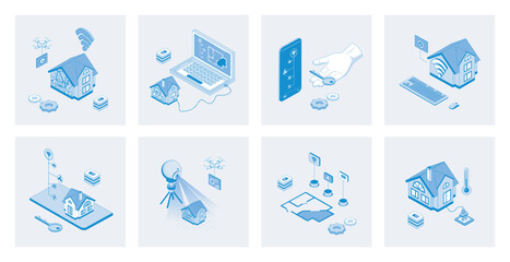Fototapete - Smart home 3d isometric concept set with isometric icons design for web. Collection of wireless connection, automation house monitoring sensor system, surveillance security camera. Vector illustration