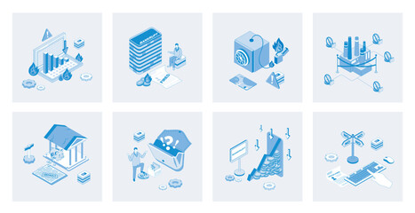 Aufkleber - Unemployment and crisis 3d isometric concept set with isometric icons design for web. Collection of global economic recession with financial problems, job loss, employee fired. Vector illustration