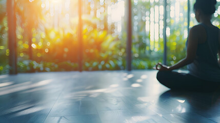 Sticker - A tranquil yoga session in a serene setting, illustrating mental health and wellness practices, World Health Day, Healthcare, with copy space