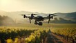 A drone equipped with AI technology flies over a vineyard, showcasing the fusion of automation and viticulture.