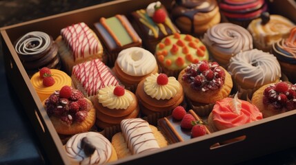 Feast your eyes on this assortment of colorful pastries, beautifully presented in a gift box, rendered in stunning close-up.