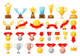 Fototapeta  - Winner trophy. Golden and glass cups, medals with red ribbons and badges. First and second place. Competition champ achievement set. Victory triumph icons. Vector flat isolated illustration