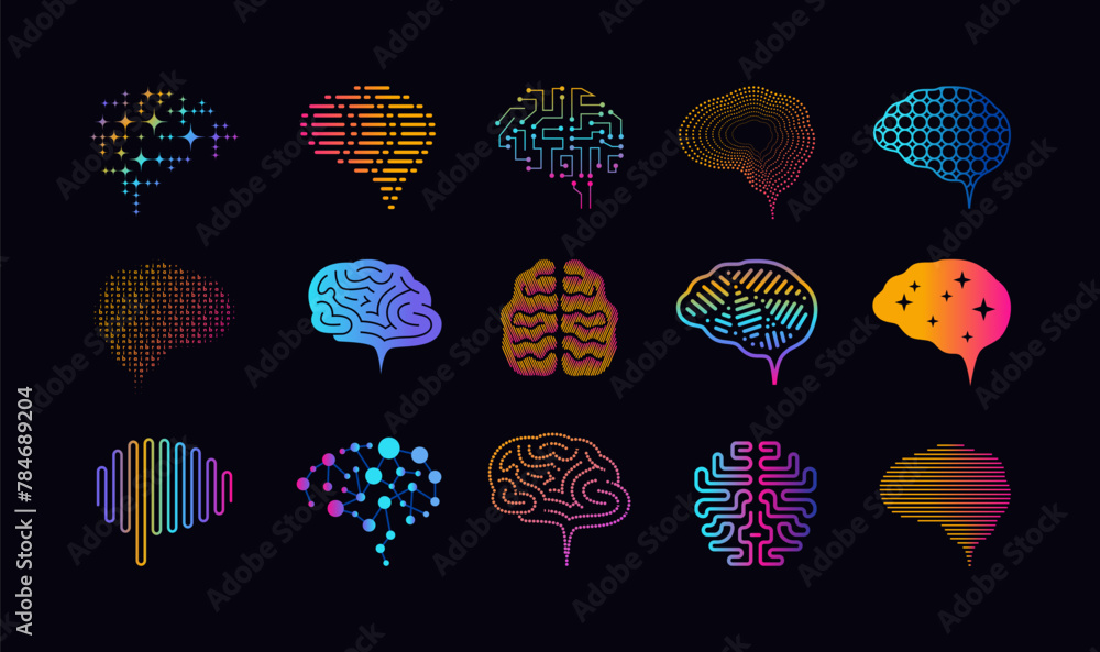 Brain icons. Psychology outline symbols. Neurology science. Cyber ...