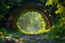 Enchanted Forest Pathway Leading To Light. Mystical Archway In Lush Greenery. Dreamy Natural Tunnel. Scenic Nature Landscape. Generative AI