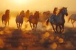 Majestic horses galloping at sunset. Dusty trail in golden light. Wildlife in motion. Serene nature scene. Generative AI