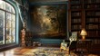 Elegant study room with forest painting - A luxurious study with a grand window and bookcases, centered around a large forest landscape painting