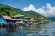 This photo showcases a group of houses situated on a body of water, creating an architectural and aquatic juxtaposition, A vibrant tropical fishing village bustling with activity, AI Generated