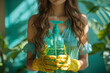 Woman with Rubber Gloves Holding a Bottle of Cleaning Solution Indoor