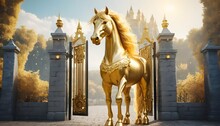 A Golden Horse Standing Guard At The Gates Of A Ma