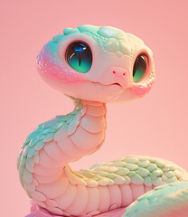 Wall Mural - 2025 A 3D cute cartoonish green and pink snake with big eyes