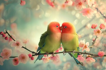 A pair of birds perched on a tree branch, showcasing their presence and natural behavior, A whimsical image of two lovebirds perched on a blossom-covered tree branch, AI Generated