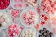 Variety of Heart Shaped Treats on a Table, A whimsical valentine-themed dessert spread with candy hearts and chocolates, AI Generated