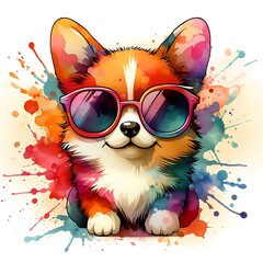  Cartoon Corgi Dog: Abstract Watercolor Painting with Colorful Details and Sunglasses, Perfect for T-shirt Prints or High-Quality Wall Art.