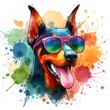Cartoon Doberman Pinscher Dog: Abstract Watercolor Painting with Colorful Details and Sunglasses, Perfect for T-shirt Prints or High-Quality Wall Art.