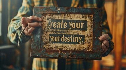 A man is holding a vintage-style sign that reads create your own destiny in his hands