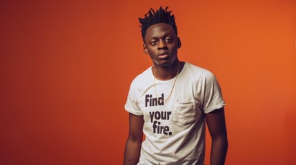 A young man with dreadlocks stands confidently in front of a bold red wall, displaying a determined expression t shirt with quote 