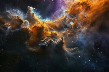 Canvas Print - An image showcasing a space scene with stars and clouds, capturing the beauty and vastness of the cosmos, A wispy nebula, highlighted with oranges, purples, and shades of blue, AI Generated