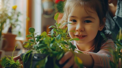 a cute little girl helping her mother take care of the plants. generative ai