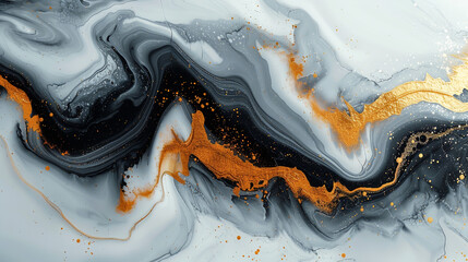 Wall Mural - abstract fluid art painting in black, white and gold color palette, with swirling patterns of liquid