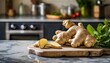 A selection of fresh vegetable: ginger root, sitting on a chopping board against blurred kitchen background; copy space