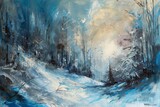 Fototapeta Przestrzenne - A Painting of a Snowy Landscape With Trees, Abstract painting of a futuristic winter landscape, AI Generated