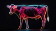 cow with muscles highlighted in neon color, on black background generative ai