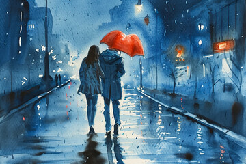 Wall Mural - A couple walking in the rain holding a red umbrella