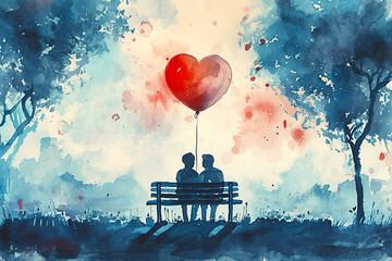 Wall Mural - Valentine's day love concept. Couple sitting on a bench in a park. Watercolor illustration